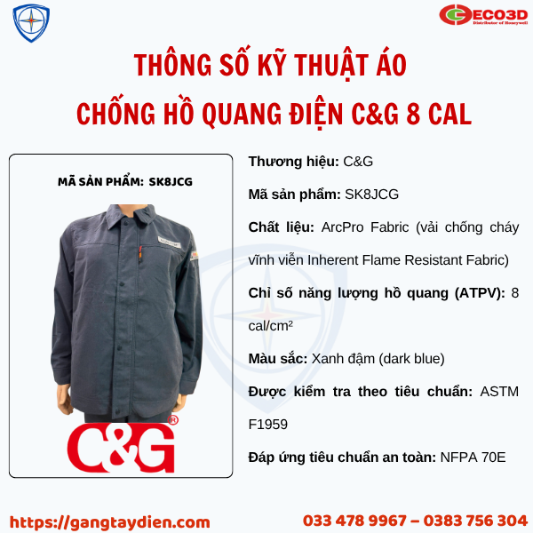 Áo chống hồ quang điện 8 Cal, ÁO CHỐNG HỒ QUANG ĐIỆN, ÁO CHỐNG HỒ QUANG ĐIỆN C&G, c&g, quần áo bảo hộ điện, quần áo chống hồ quang,