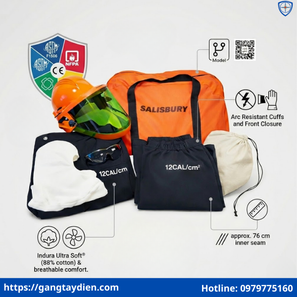 Bộ quần áo chống hồ quang Salisbury 12 CAL, Bộ đồ hồ quang salisbury 12 cal, quần áo hồ quang salisbury 12 cal, bộ quần áo chống hồ quang salisbury, quần áo cách điện 12 cal,