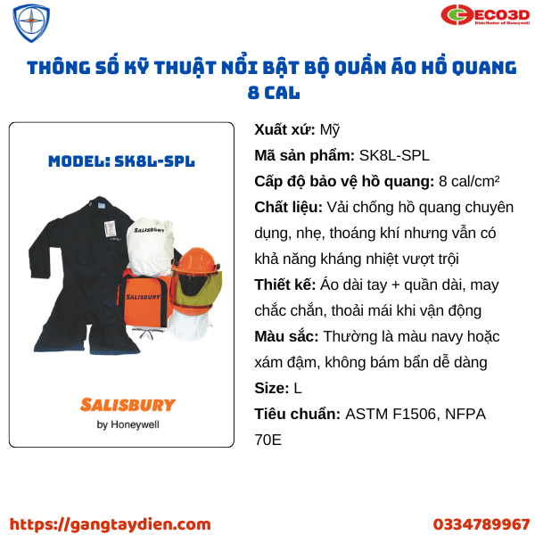 BỘ QUẦN ÁO HỒ QUANG 8 CAL, bảo hộ ECO3D, bộ quần áo hồ quang, quần áo bảo hộ lao động, quần áo cách điện salisbury, bảo hộ điện eco3d,