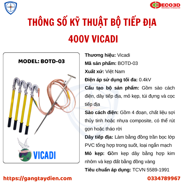 Bộ tiếp địa 400V, bộ tiếp địa vicadi, sào cách điện,