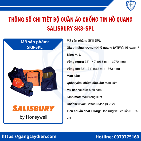 Bộ quần áo chống hồ quang Salisbury 8 CAL, Bộ đồ hồ quang salisbury 8 cal, quần áo hồ quang salisbury 8 cal, bộ quần áo chống hồ quang salisbury, quần áo cách điện SK8-spl, 