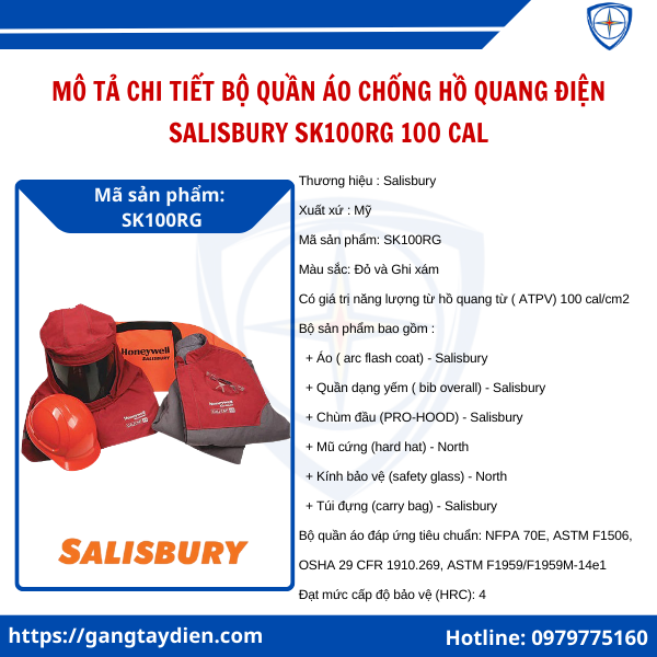 Bộ quần áo chống hồ quang điện Salisbury SK100RG, Bộ đồ hồ quang salisbury 100 cal, quần áo hồ quang salisbury 100 cal, bộ quần áo chống hồ quang salisbury, quần áo cách điện SK100RG, 