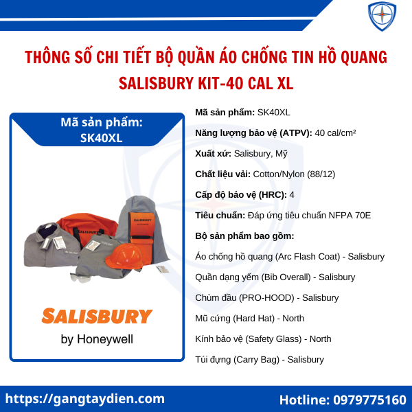 Bộ quần áo chống tia hồ quang Salisbury KIT-40 CAL, Bộ đồ hồ quang salisbury kit-40, quần áo hồ quang salisbury 40 cal, bộ quần áo chống hồ quang salisbury, quần áo cách điện SK40M, 