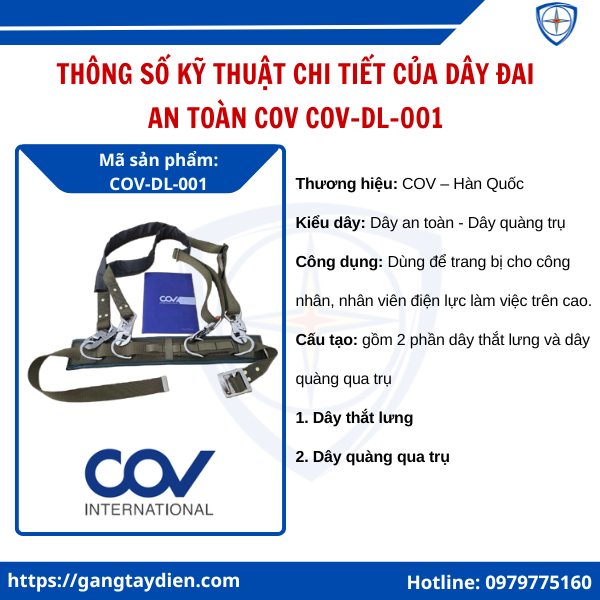 Dây Đai An Toàn COV COV-DL-001, dây đai an toàn COV, dây đai bán thân 2 móc, dây đai an toàn Hàn Quốc, dây đai an toàn cho điện lực, dây đai an toàn thợ điện, dây đai an toàn có móc lớn, dây an toàn nửa thân giá tốt, dây đai an toàn đạt chuẩn, dây đai bảo hộ lao động, dây an toàn chống rơi, bảo hộ điện eco3d, eco3d,