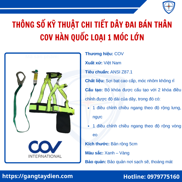 Dây Đai Bán Thân COV Hàn Quốc Loại 1 Móc, dây đai an toàn COV, dây đai bán thân 2 móc, dây đai an toàn Hàn Quốc, dây đai an toàn cho điện lực, dây đai an toàn thợ điện, dây đai an toàn có móc lớn, dây an toàn nửa thân giá tốt, dây đai an toàn đạt chuẩn, dây đai bảo hộ lao động, dây an toàn chống rơi, bảo hộ điện eco3d, eco3d, 