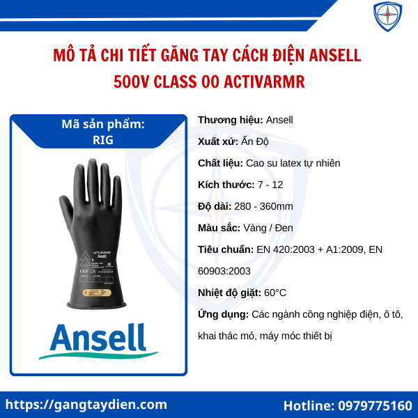 Găng tay cách điện Ansell 500V, găng tay cách điện hạ áp 500V, găng tay điện 500V, găng tay Ansell hạ áp, bao tay cao su cách điện 500V,