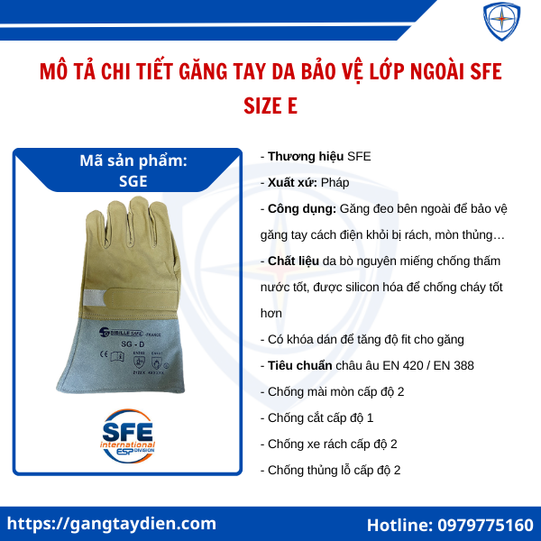 Găng tay da bảo vệ lớp ngoài SFE, găng tay da bảo hộ, găng tay da cách điện SFE, găng tay da bò SFE, găng tay da lót lông, găng tay da cách điện,