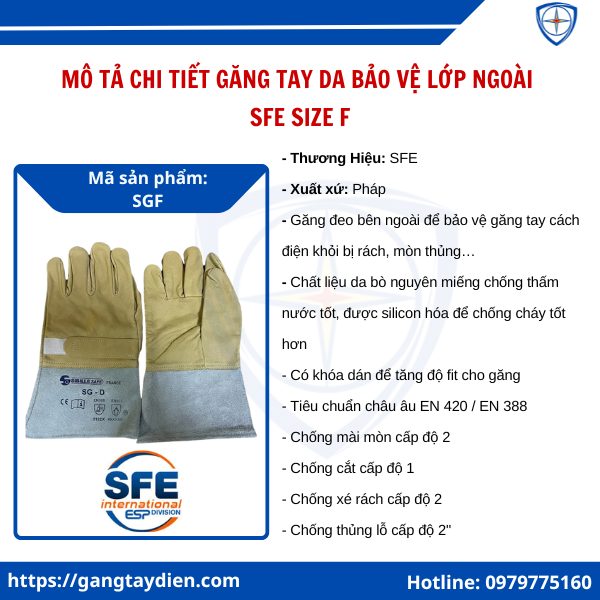 Găng tay da bảo vệ lớp ngoài SFE, găng tay da bảo hộ, găng tay da cách điện SFE, găng tay da bò SFE, găng tay da lót lông,  găng tay da cách điện,