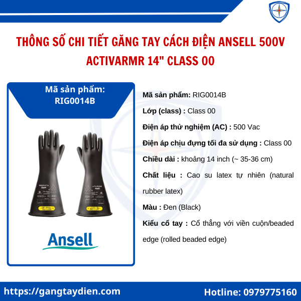 Găng tay cách điện Ansell 500V, Găng tay cách điện 500v, găng tay cách điện ANSELL, găng tay cách điện hạ áp 500v, găng tay cách điện class 00,