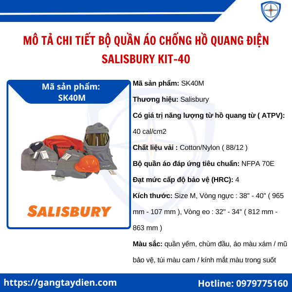 Bộ quần áo chống hồ quang điện Salisbury KIT-40, Bộ đồ hồ quang salisbury kit-40, quần áo hồ quang salisbury 40 cal, bộ quần áo chống hồ quang salisbury, quần áo cách điện SK40M, 