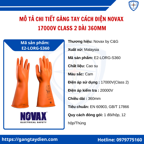 Găng tay cách điện Novax 17000V, găng tay cách điện cao thế novax, găng tay cách điện 17000V, bao tay cách điện cao thế Novax,  Novax class 2, 