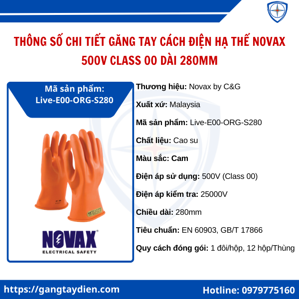 Găng tay cách điện hạ thế Novax 500V, găng tay cách điện hạ áp 500V, găng tay điện 500V, găng tay hạ áp novax, bao tay cao su cách điện 500V,