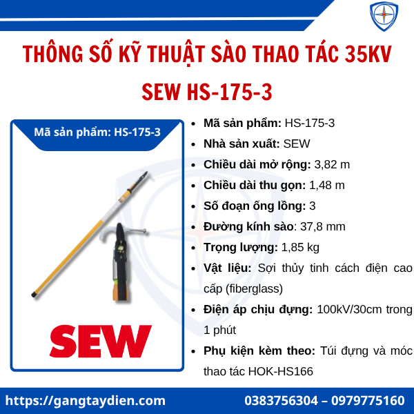 Sào thao tác 35kV, sào cách điện 35kv,sew, bảo hộ điện ECO3D, HS-175-3, Sào thao tác trung thế, 