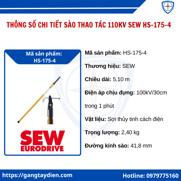 Sào thao tác SEW 110KV, sào thao tác trung thế, sào thao tác sew, sào cách điện cứu hộ HS175, sào cách điện 110kv,