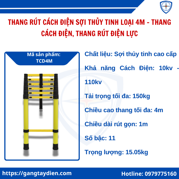 Thang Rút Cách Điện Sợi Thủy Tinh Loại 4M, Thang Rút Cách Điện, Thang Cách Điện, Thang Rút Điện Lực, Thang Rút Cách Điện Sợi Thủy Tinh, bảo hộ điện eco3d, eco3d,