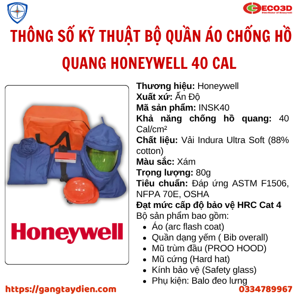 BỘ QUẦN ÁO CHỐNG HỒ QUANG HONEYWEL, bảo hộ eco3d, quần áo cách điện,